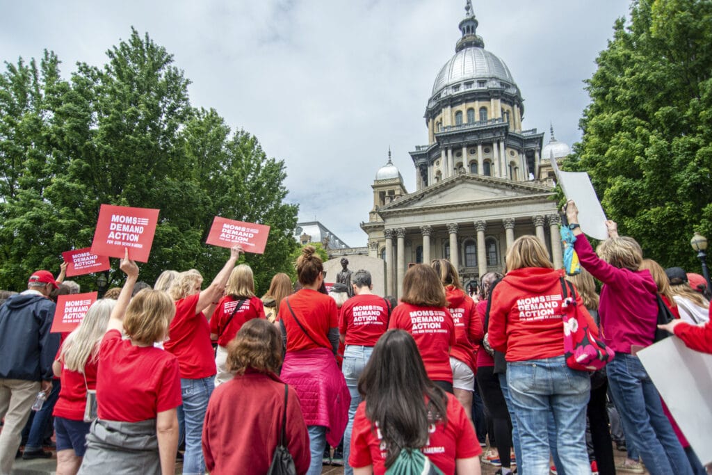 Moms Demand Action volunteers hold signs toward the Illinois State Capitol