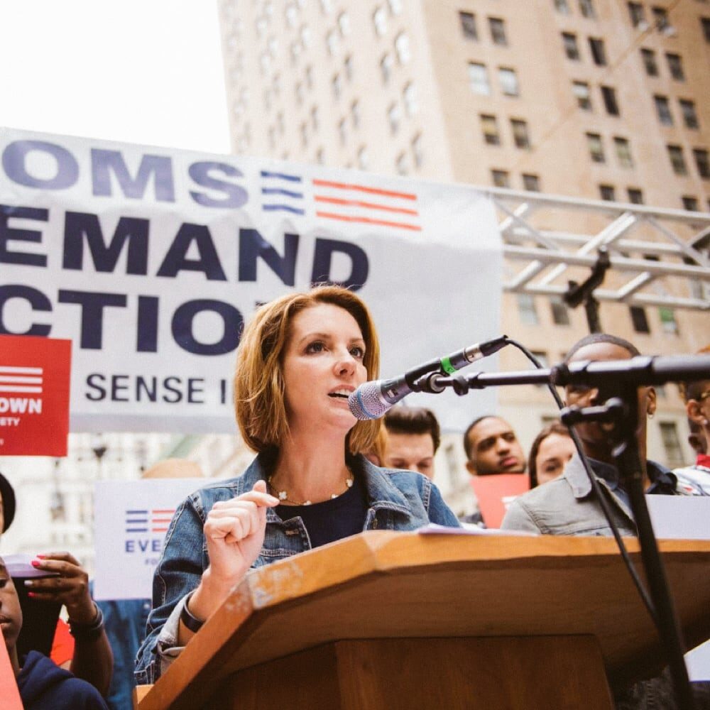 Moms Demand Action founder, Shannon Watts, speaking at a podium