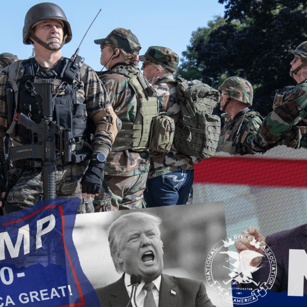 A collage of images of armed extremists, Wayne LaPierre, and President Trump