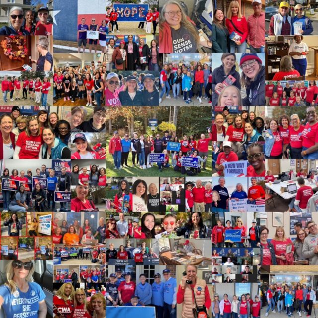 A photo collage of approximately 100 volunteer activations; volunteers are wearing red shirts. Some photos in the collage are of groups, others are of individuals.