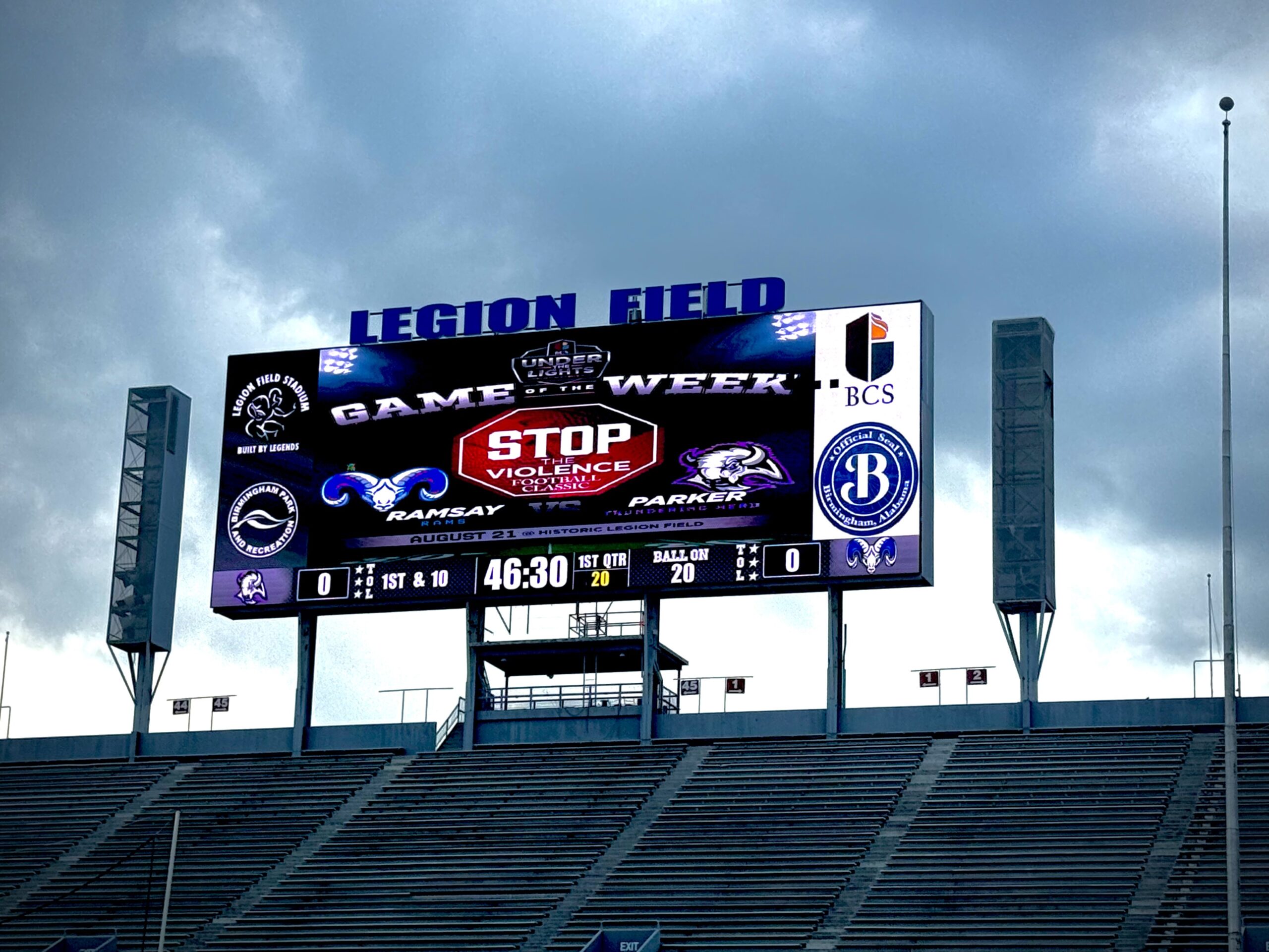 The Legion Field JumboTron displays text that reads: Game of the Week: Stop the Violence Football Classic, Ramsay vs. Parker High School