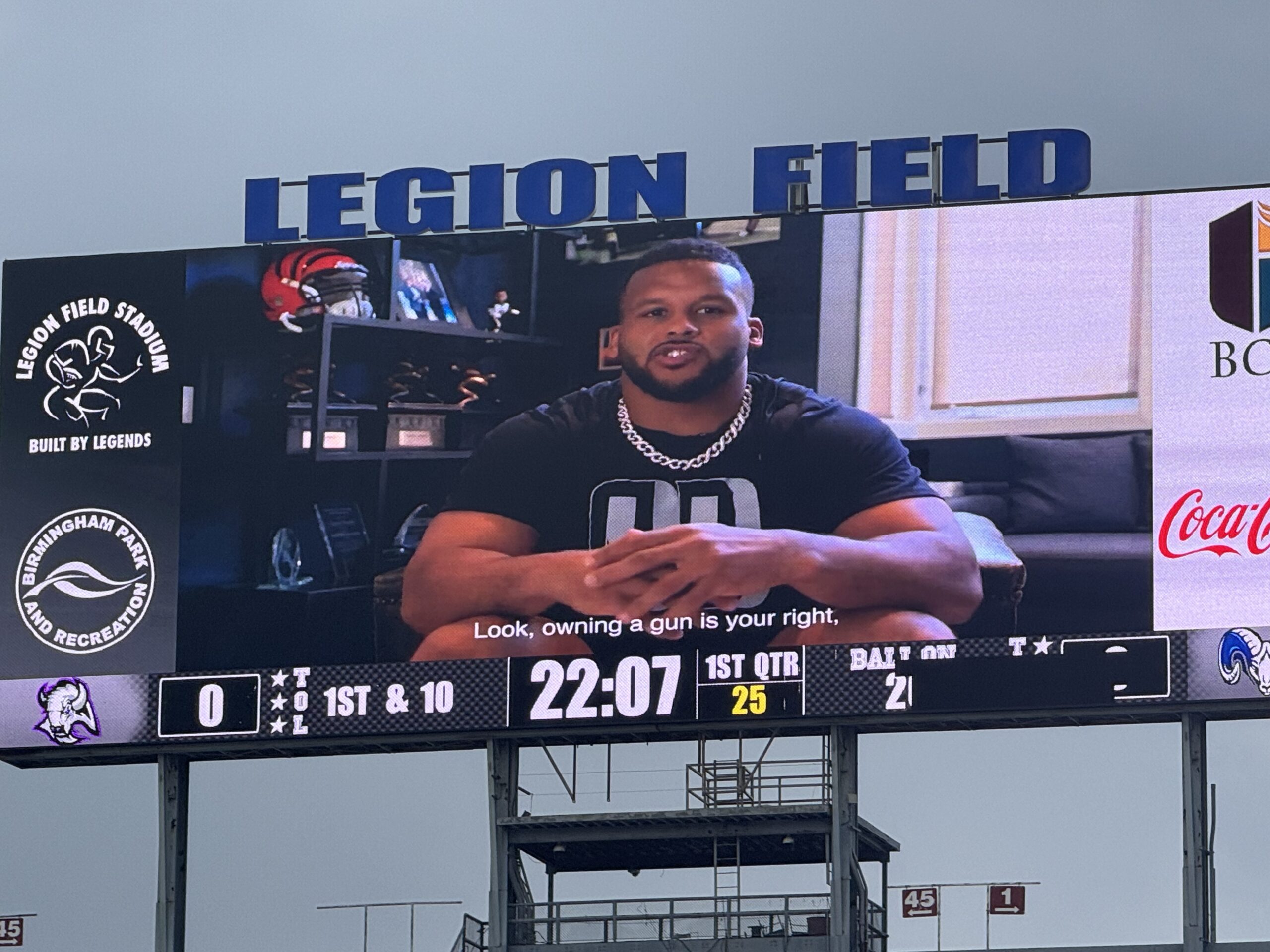 A Be SMART PSA by Aaron Donald plays on the JumboTron at Legion Field in Birmingham, Alabama.