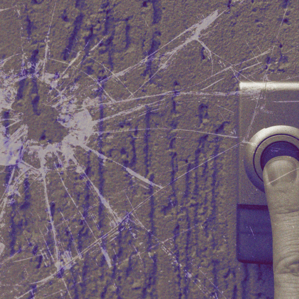 A finger pressing a doorbell is overlaid with a spider-web crack in glass, representing defensive gun use incidents in the home.